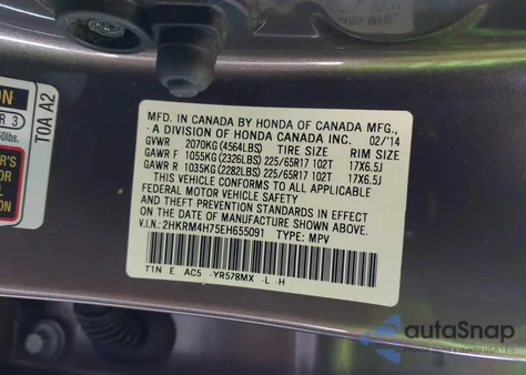 2014 Honda Cr-V Ex-L z USA, uszkodzony, nr VIN 2HKRM4H75EH655091